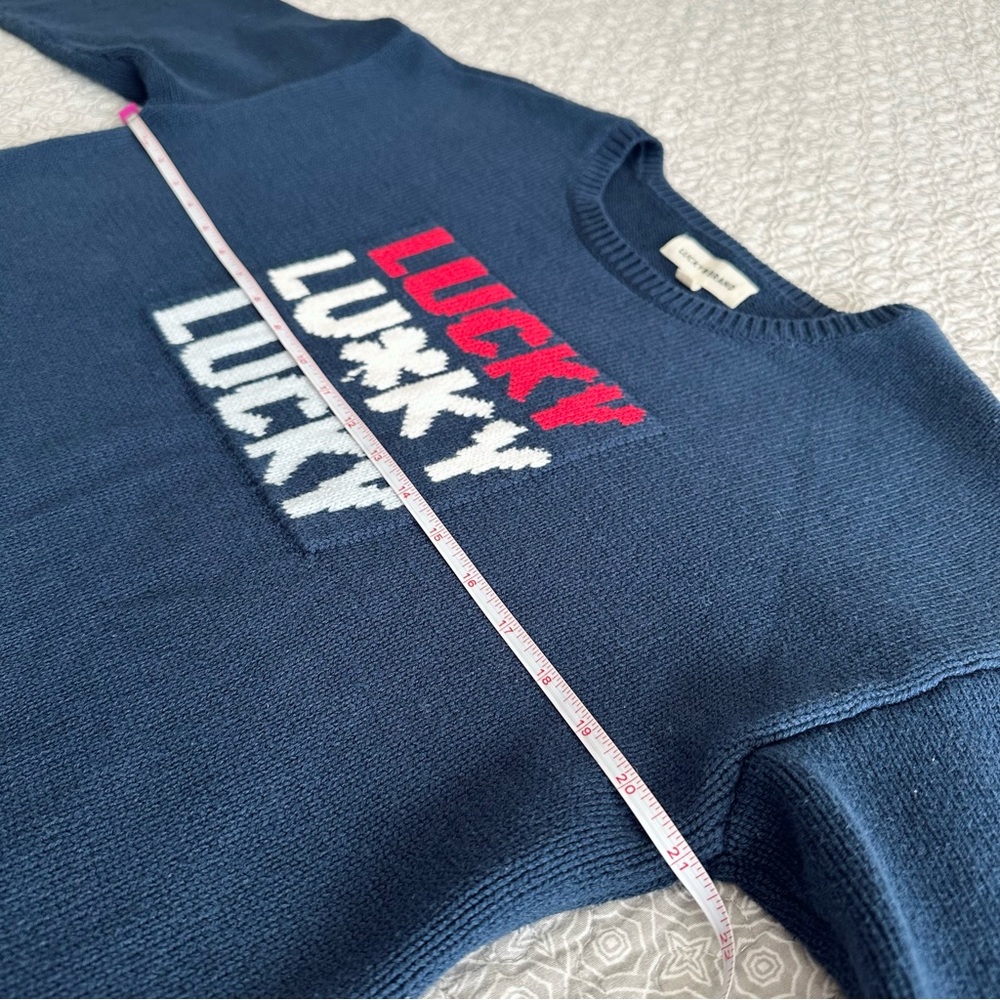 Lucky Brand Navy Blue Crop Sweater with Lucky Clover Graphic Rolled Hem Size L - Picture 6 of 8